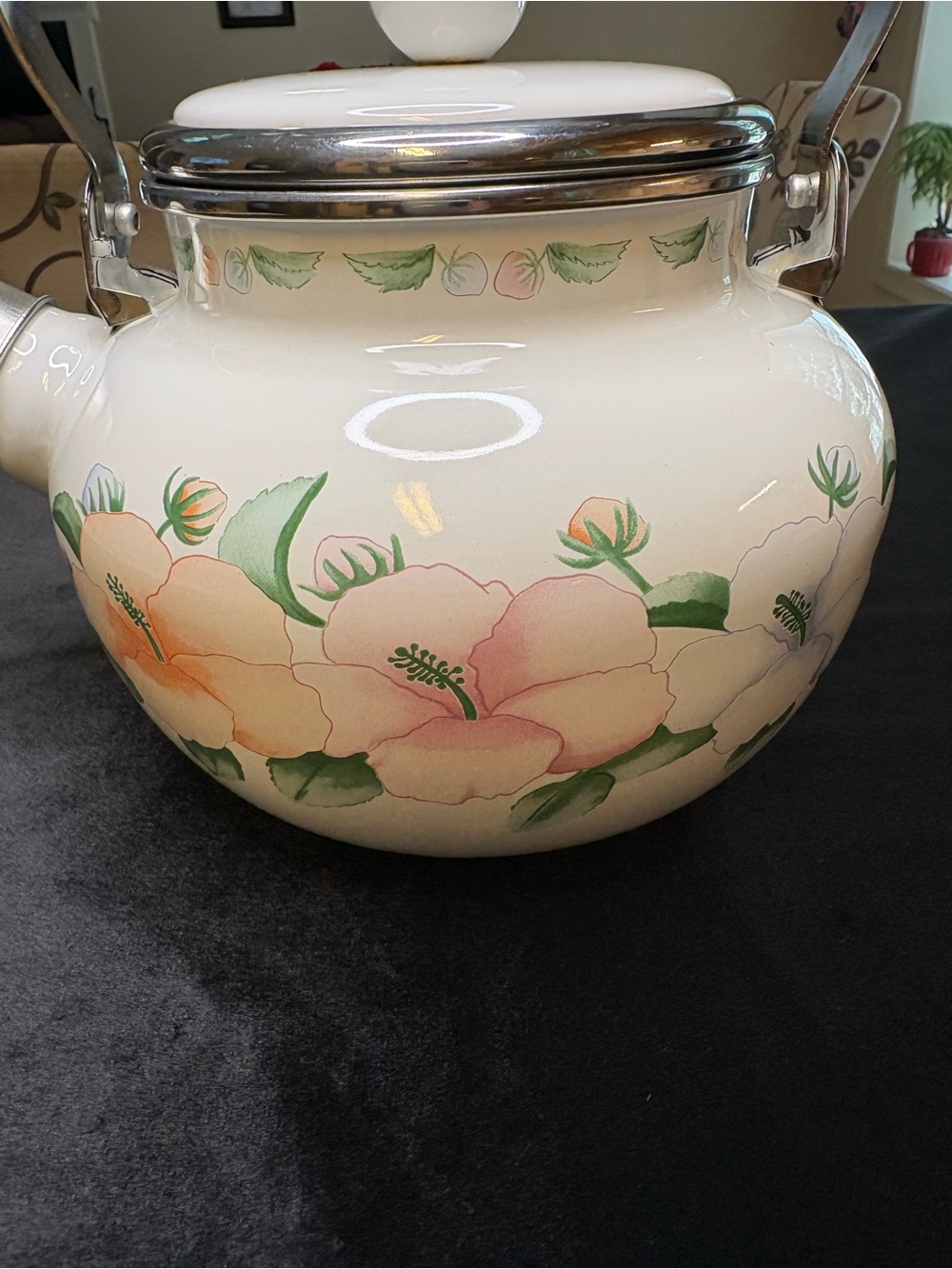 Kamenstein Teapot / White Enameled Steel/ Floral Pattern - Picture 2 of 10
